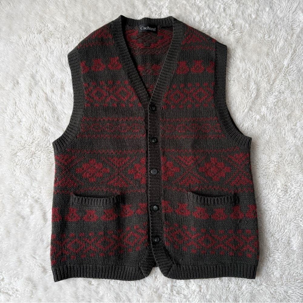 VTG Cacharel Men Green 100% Wool Fair Isle Fisherman Knit Sweater Vest MEDIUM